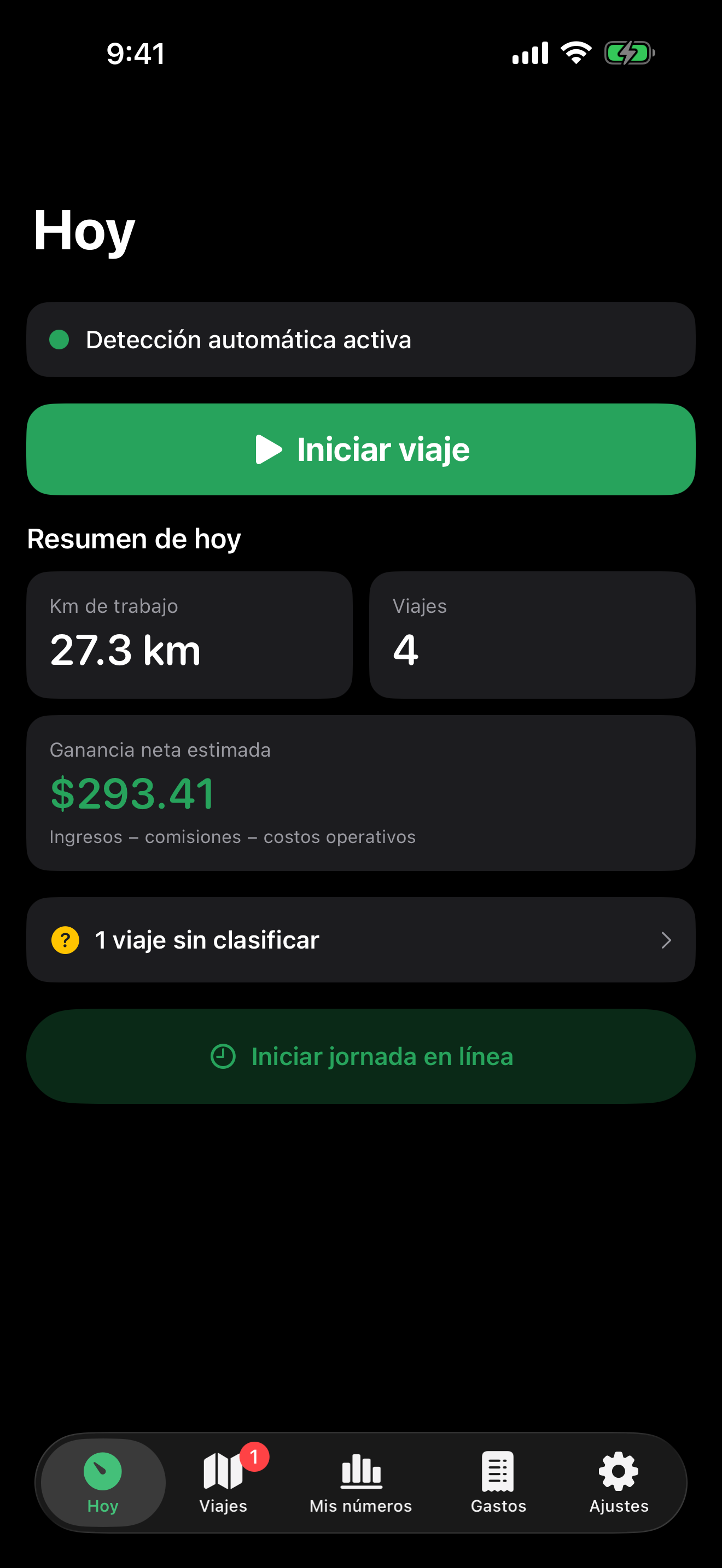 Pantalla principal de Gananciar mostrando kilómetros de trabajo, viajes del día y ganancia neta estimada