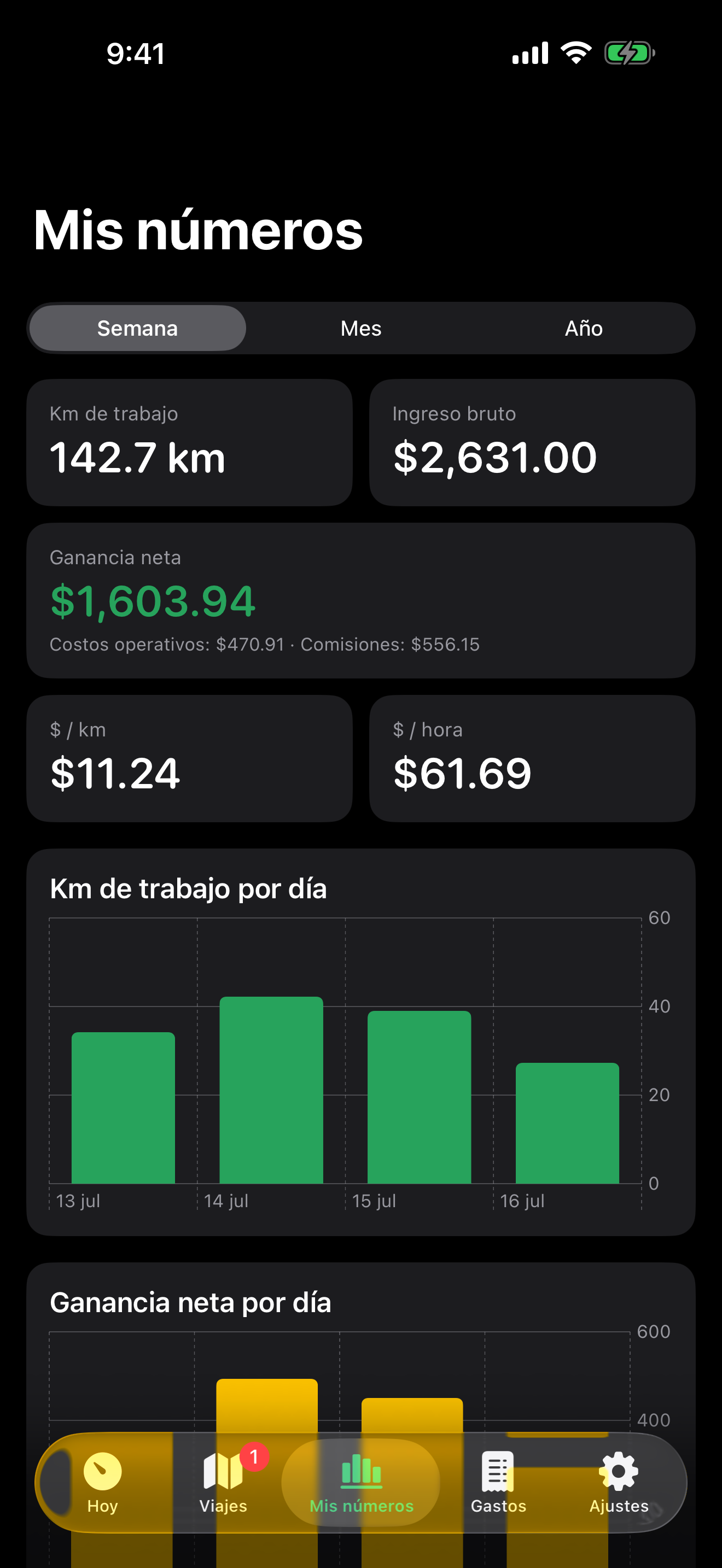 Panel Mis números con ganancia neta, $/km y $/hora